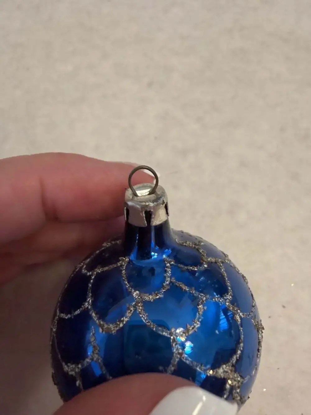 Vtg Blue Glass Christmas Ball Ornament with Silver Glitter Fish Scale Pattern